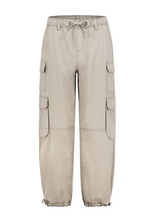 Cargo pants in light beige fabric, elastic waistband with drawstring, multiple side pockets, and elastic cuffs at the ankles.