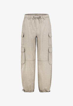 Cargo pants in light beige fabric, elastic waistband with drawstring, multiple side pockets, and elastic cuffs at the ankles.