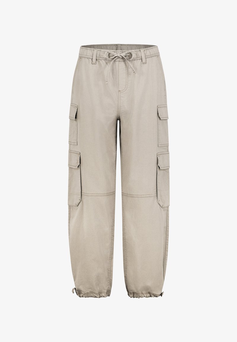 Cargo-Hosen aus leichtem beigen Stoff, elastischer Bund mit Kordelzug, mehrere Seitentaschen und elastische Bündchen an den Knöcheln.