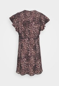 Robe courte jusqu'aux genoux à manches courtes avec imprimé léopard marron et noir, taille cintrée et manches volantées, vue de dos.