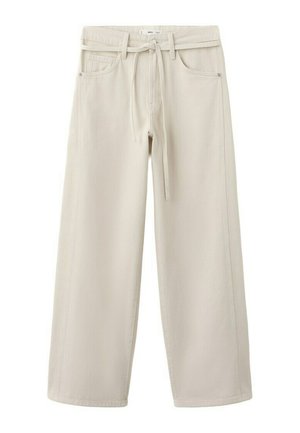 Pantalones de pierna ancha en beige con bolsillos delanteros, trabillas para cinturón y una cinta de tela en la cintura, exhibidos sobre un fondo blanco.