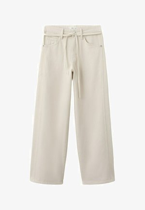 Pantalones de pierna ancha en beige con bolsillos delanteros, trabillas para cinturón y una cinta de tela en la cintura, exhibidos sobre un fondo blanco.