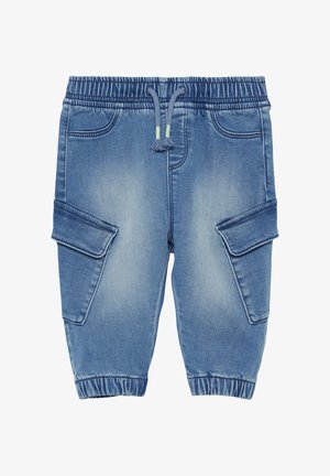 Lichtblauwe denim jogger shorts met een elastische tailleband, trekkoord, taps toelopende pijpen, zijcargo pockets en elastische boorden.