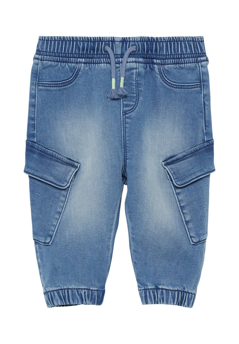 Lichtblauwe denim jogger shorts met een elastische tailleband, trekkoord, taps toelopende pijpen, zijcargo pockets en elastische boorden.