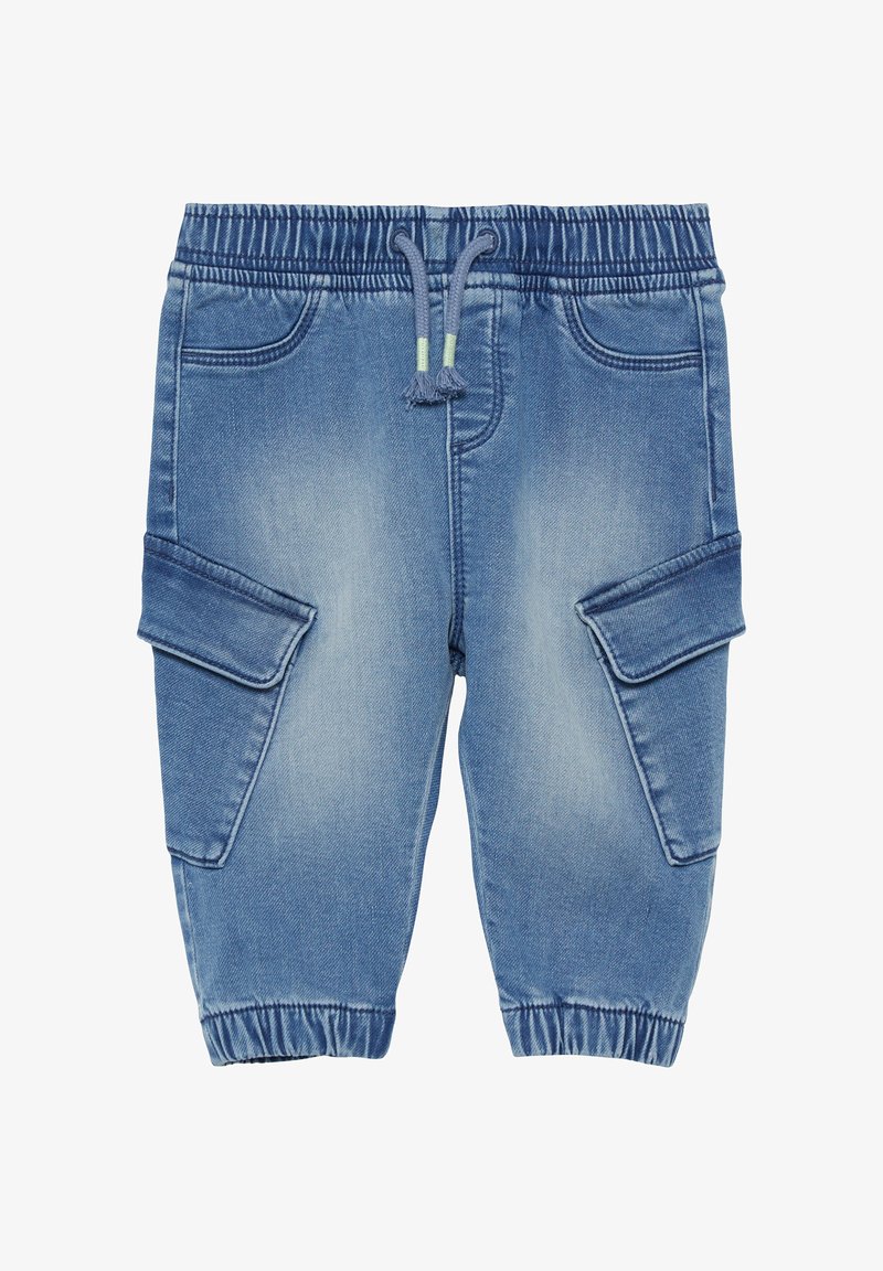 Lichtblauwe denim jogger shorts met een elastische tailleband, trekkoord, taps toelopende pijpen, zijcargo pockets en elastische boorden.
