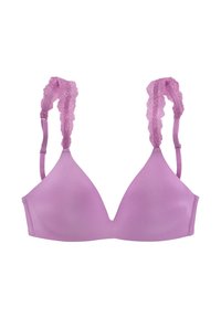 Rosa dreieckiger BH mit Spitzenbesatz an den Trägern und glattem Stoff. Verfügt über verstellbare Träger und ein nahtloses Design.