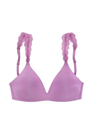 Pink triangular bra with lace-trimmed straps and smooth fabric. Features adjustable straps and a seamless design.
