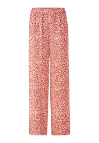 Wijdvallende broek met bloemenpatroon in het wit, voorzien van rode en roze accenten, met een elastische tailleband voor gemakkelijk dragen.