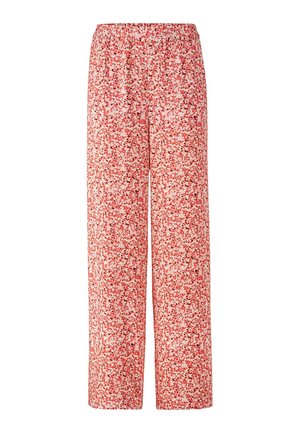 Weite Blumenmuster-Hosen in Weiß, mit roten und pinken Akzenten, und einem elastischen Bund für einfachen Tragekomfort.