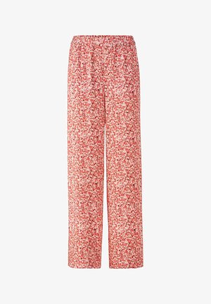 Wijdvallende broek met bloemenpatroon in het wit, voorzien van rode en roze accenten, met een elastische tailleband voor gemakkelijk dragen.