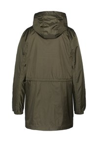 Olijfgroene waterdichte jas met een capuchon, elastische manchetten en een trekkoord in de taille. Gladde, lichte stof met een eenvoudig ontwerp.