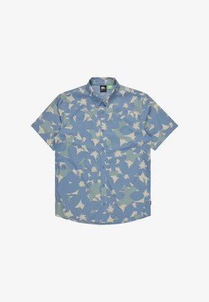 Kurzärmliges Hemd mit Knopfleiste in Hellblau mit abstraktem Muster in hellgrün und Creme. Verfügt über einen Kragen und einen abgerundeten Saum. Hergestellt aus strukturiertem Stoff.