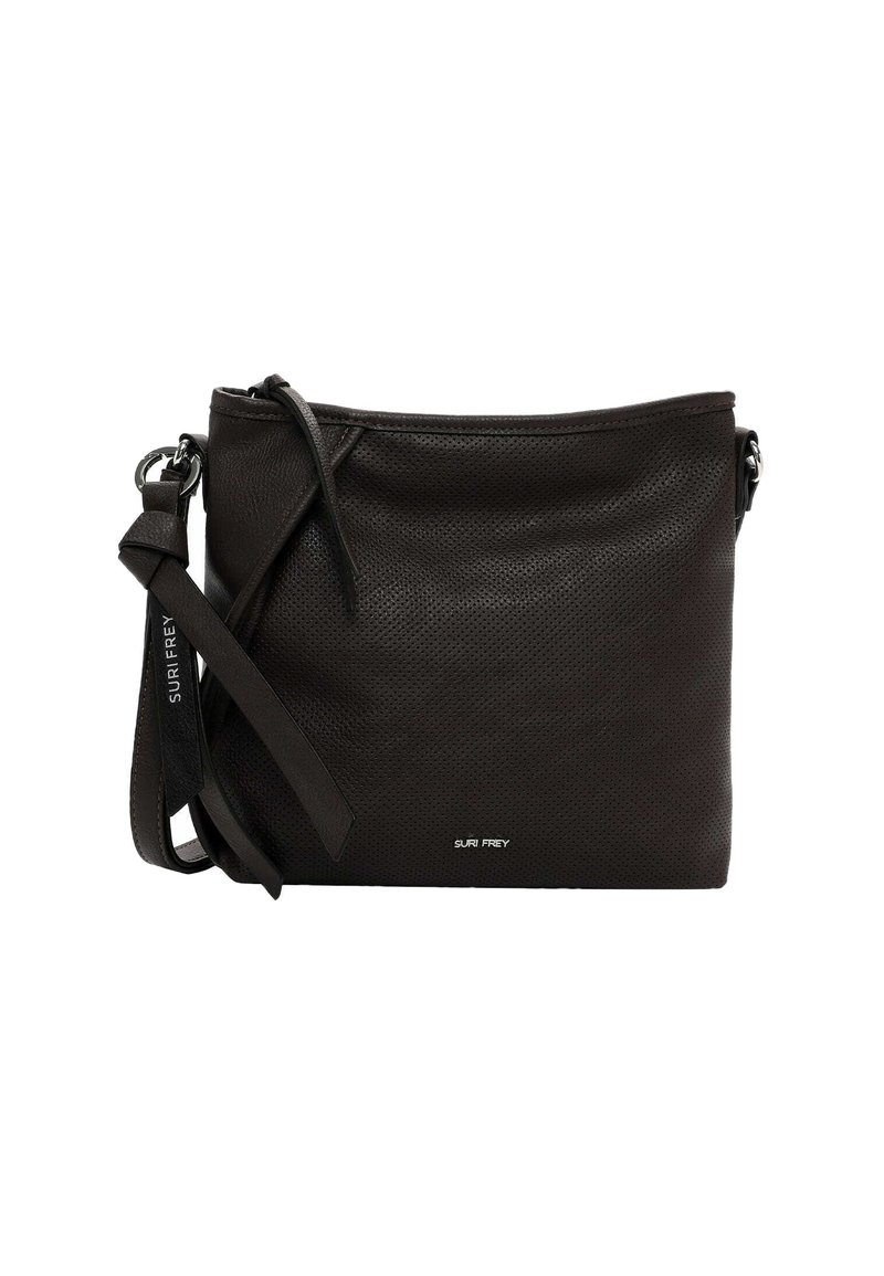 Borsa a tracolla nera in pelle con texture perforata, tracolla regolabile e logo discreto sul davanti. Chiusura con zip semplice.