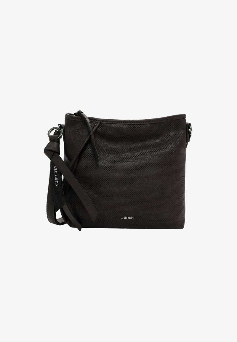 Borsa a tracolla nera in pelle con texture perforata, tracolla regolabile e logo discreto sul davanti. Chiusura con zip semplice.