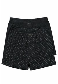 Zwarte katoenen boxershort, één effen en één met kleine witte stippen, met een elastische tailleband en een knopenfly. Zachte textuur en een relaxte pasvorm.