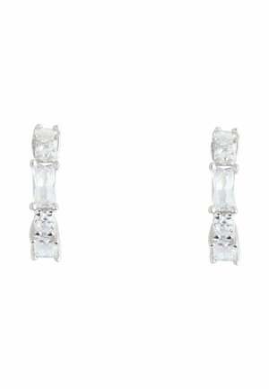 Silver earrings featuring a row of four clear, rectangular-cut gemstones in a vertical arrangement. Each stone is set in a prong mounting.