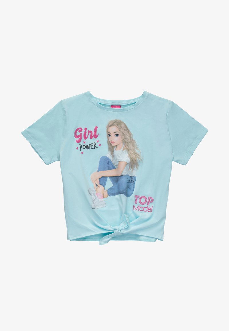 Camicia azzurra a maniche corte con una grafica di un personaggio con lunghi capelli biondi, la scritta "Girl Power" e un dettaglio di nodo davanti.