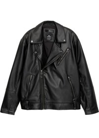 Crna kožna motoristička jakna s oštrim ovratnikom, višestrukim patentnim zatvaračima i elegantnim završetkom. Ima akcentne elemente od srebrne boje.