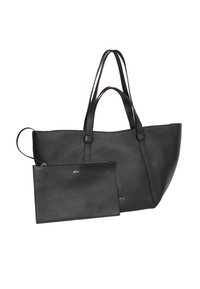 Borsa a tote nera in pelle con finitura texturizzata e due manici robusti, accompagnata da una busta elegante e coordinata con zipper.