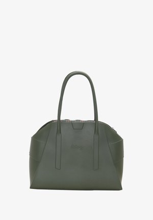 Grøn, glat syntetisk tote taske med dobbelte håndtag, lynlås lukning og et mønstret indre. Har et mærke-logo på forsiden.