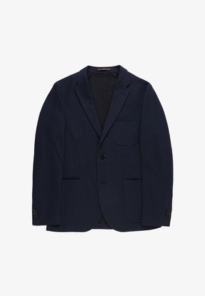 Blazer da uomo blu navy con due tasche frontali, una tasca sul petto, rever a lancia, chiusura con due bottoni e polsini con bottoni.