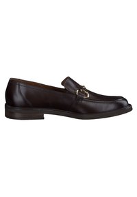 Mocassin en cuir marron foncé avec détail en métal doré, talon bas et coutures surpiquées, présenté de profil sur fond blanc.