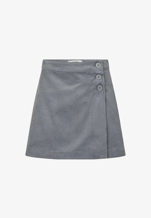 Hallhalline siidist tekstuurist hall kütid skirt, A-line kuju ja kolme esiknuudiga. Omab peent soonelist mustrit ja keskmise pikkusega lõiget.