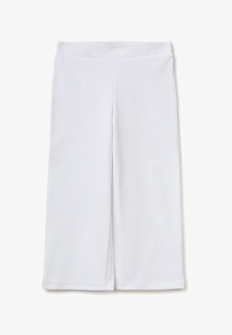 Pantalon blanc à jambes larges avec une ceinture plate, coupe ample, sans poches visibles ni ornements sur fond blanc.