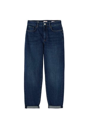 Tummansiniset farkut, joissa käännetyt lahkeet, klassinen viiden taskun malli ja nappisuljenta, aseteltuna tasaisesti valkoiselle taustalle.