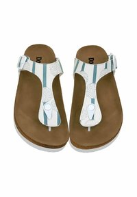 White and teal patterned sandals with a T-strap design, adjustable buckle, cork footbed, and white rubber sole.