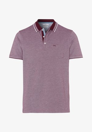 Polo a maniche corte color malva con colletto e bordi delle maniche color borgogna, chiusura con tre bottoni, taschino sul petto e logo discreto sulla tasca.