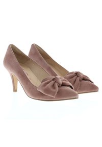 Rose suede pumps with pointed toes, small heels, and bow accents on the front. Smooth texture and minimalist design.