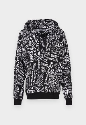 Black hoodie with white text in varying fonts. Features a drawstring hood and ribbed cuffs and hem. Material appears soft and cozy.