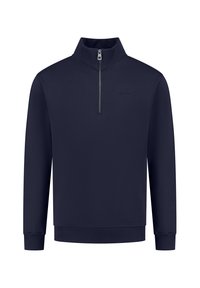 Navy blue pullover with a zip top, long sleeves, and elastic cuffs. Smooth, lightweight fabric with a minimalistic design.