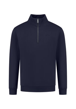 Navy blue pullover with a zip top, long sleeves, and elastic cuffs. Smooth, lightweight fabric with a minimalistic design.