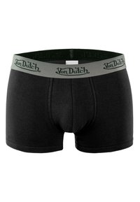 Boxers en coton noirs avec une ceinture élastique grise arborant le logo "Von Dutch" en vert. Texture lisse et design ajusté, coupe mi-cuisse.