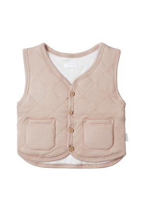 Quiltet beige vest lavet af blødt stof med V-udskæring, fire træknapper og to forlommer. Glat indvendig foring.