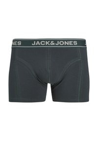 Sötétszürke pamut boxer alsó, zöld és fehér rugalmas derékpánttal, amelyen a "JACK&JONES" logó és kontrasztos varrás található.