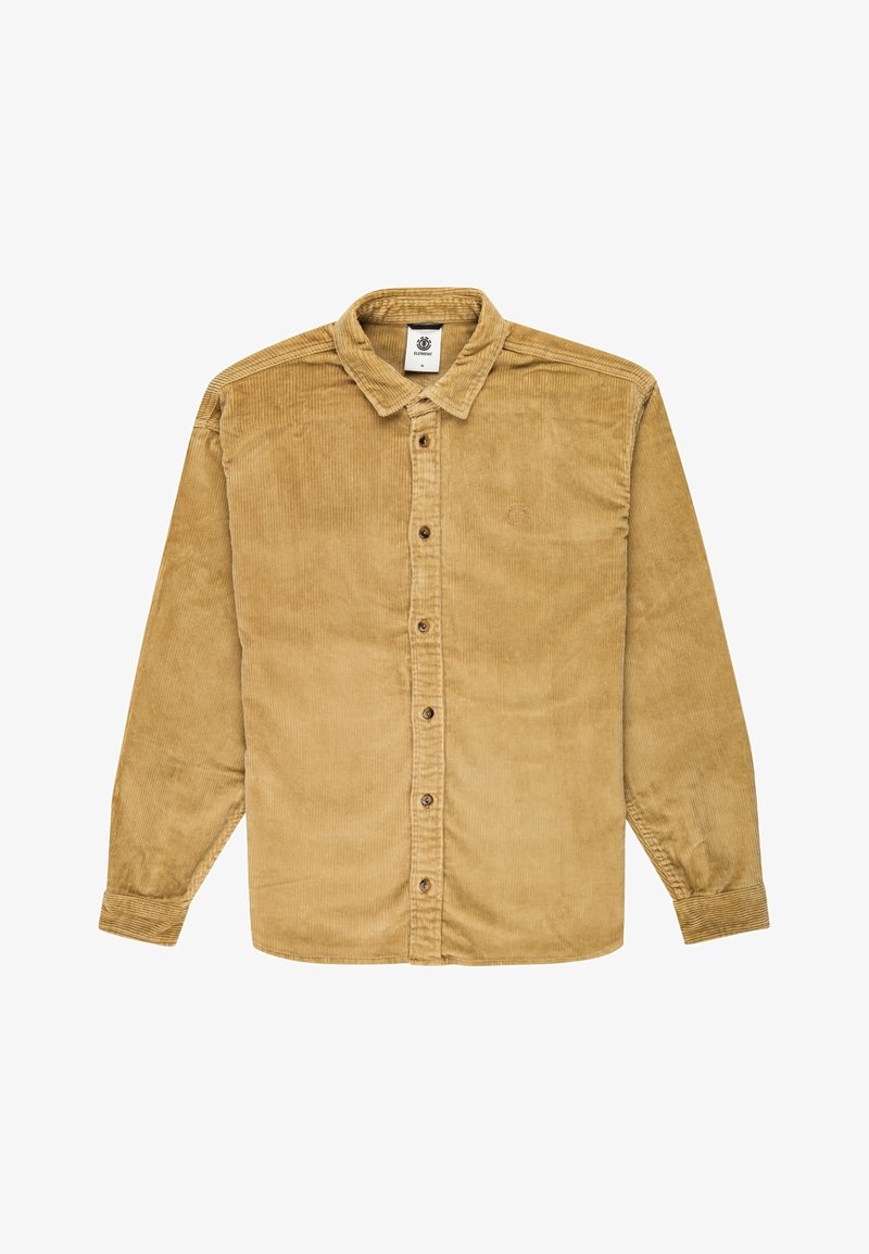 Chemise à manches longues avec boutons, en velours côtelé couleur fauve, avec un col et des boutons visibles sur le devant.