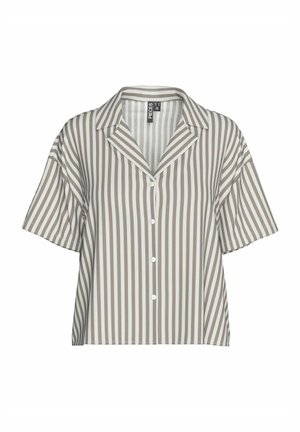 Kortsleppet skjorte med krage, med vertikale lysebrune og kremfargede striper, frontknapplukking og en avslappet passform.