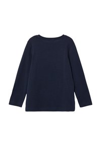 Marineblauwe langerm T-shirt gemaakt van katoen. Heeft een ronde hals en gestikte zomen. Eenvoudig ontwerp zonder patronen of grafische elementen.