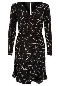 Svart omlottklänning med långa ärmar, som har ett vitt abstrakt mönster, rynkad detalj på sidan och V-ringning. Mjuk, lätt tyg.