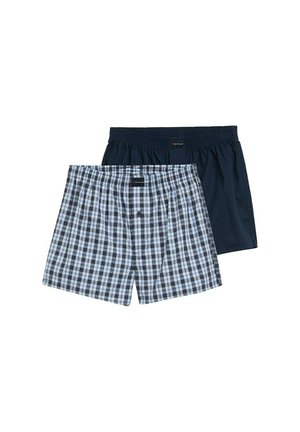 Two pairs of boxer shorts: one in a navy blue solid color, the other with a blue and white plaid pattern. Cotton material, elastic waistband.