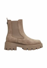 Tan ankle boot featuring a textured upper, elastic side panels, and a thick, chunky sole with deep grooves for traction.