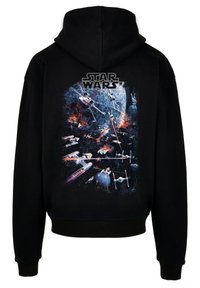 Felpa con cappuccio nera caratterizzata da una grafica colorata di "Star Wars" sul retro, che rappresenta vari veicoli spaziali su uno sfondo cosmico.