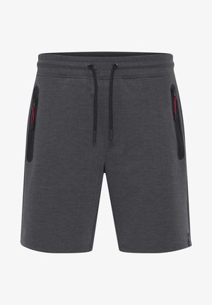 Charcoal gray athletic shorts made of textured fabric, featuring black side zippers and a waistband with adjustable drawstrings.