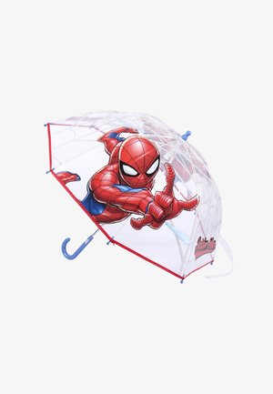 Transparante paraplu met een rode rand, voorzien van een Spiderman-graphic. Blauwe handgreep, spinnenwebdesign op het doek en metalen frame.
