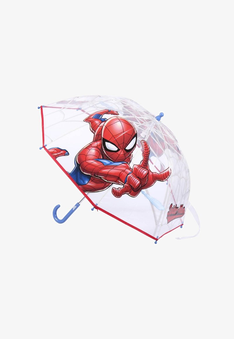 Parapluie transparent avec une bordure rouge présentant un graphisme de Spiderman. Poignée bleue, design de toile d'araignée sur le canopy et cadre en métal.