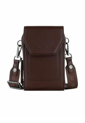 Brown leather crossbody bag with front flap and zip closure. Features logo embossing, adjustable strap, and silver hardware accents.