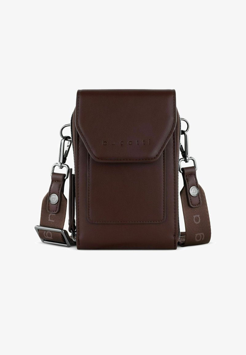 Brown leather crossbody bag with front flap and zip closure. Features logo embossing, adjustable strap, and silver hardware accents.
